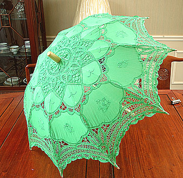 Irish Green battenburg lace parasols. 16" ( 32" Full Open)